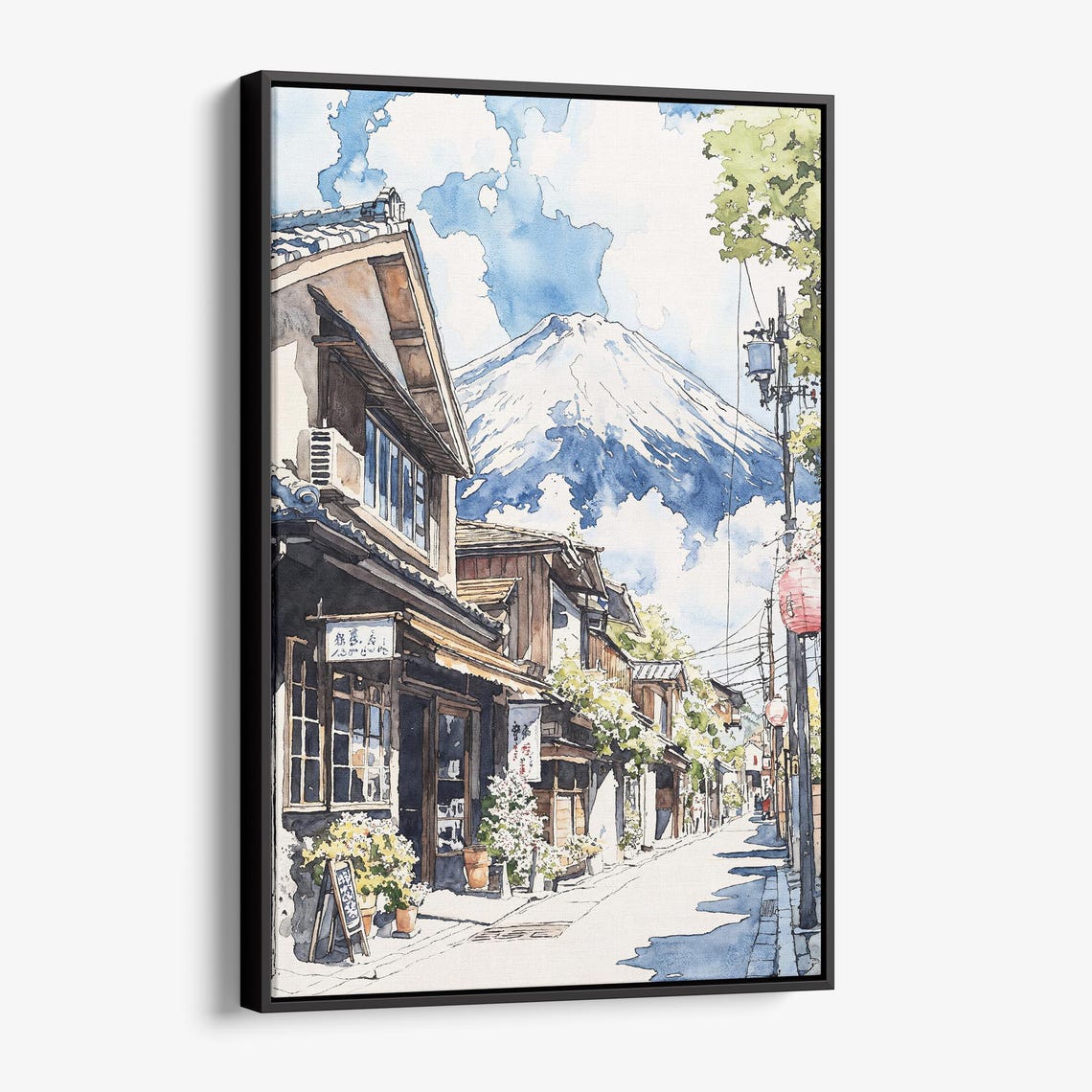 Mount Fuji Japan Street Watercolor Village Scene Asia Gift Poster