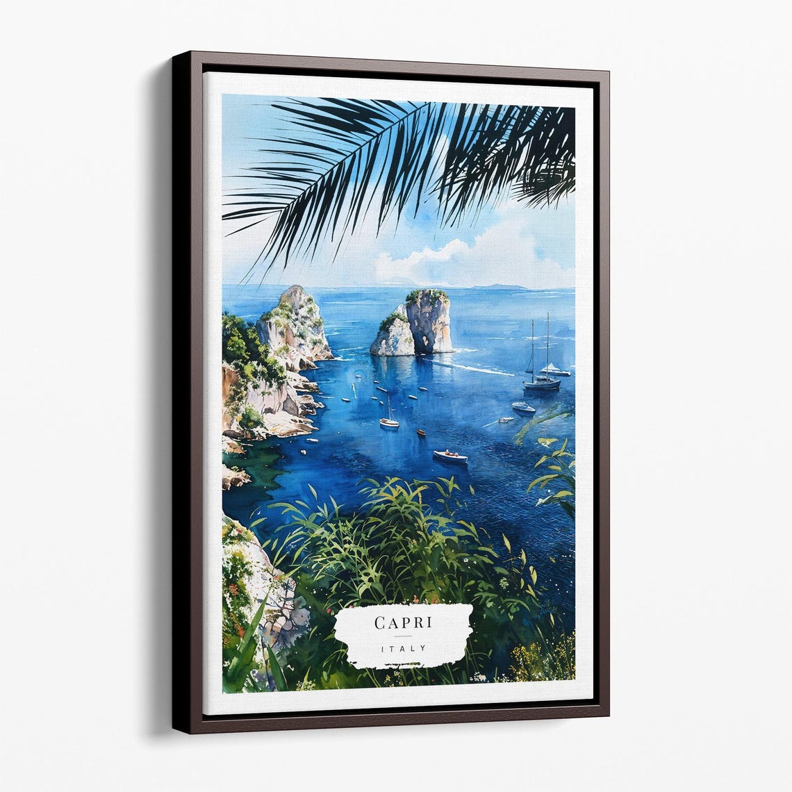 Capri Italy Watercolor Faraglioni Rocks Coast Travel Art Poster