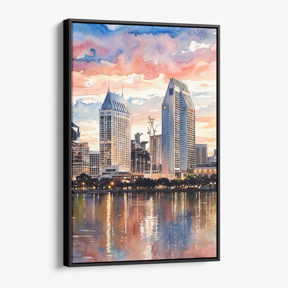 San Diego Downtown Skyline Sunset Towers Watercolor Cityscape Poster