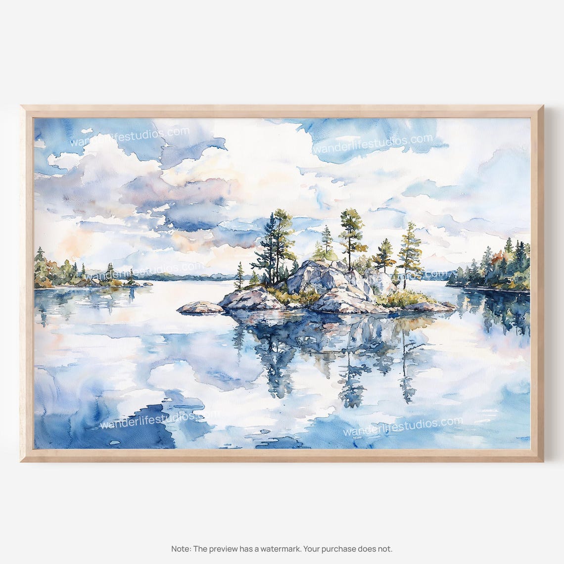 Watercolor Lake Island Pine Reflection Calm Nature Scene Poster