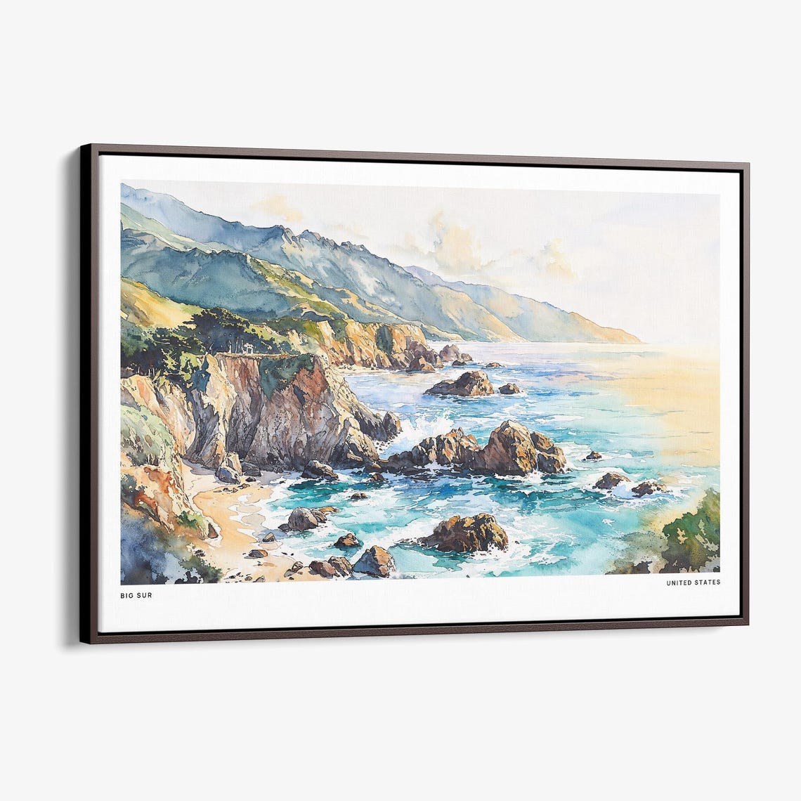 Big Sur Coastline Watercolor Rocky Cliffs Turquoise Waves Poster