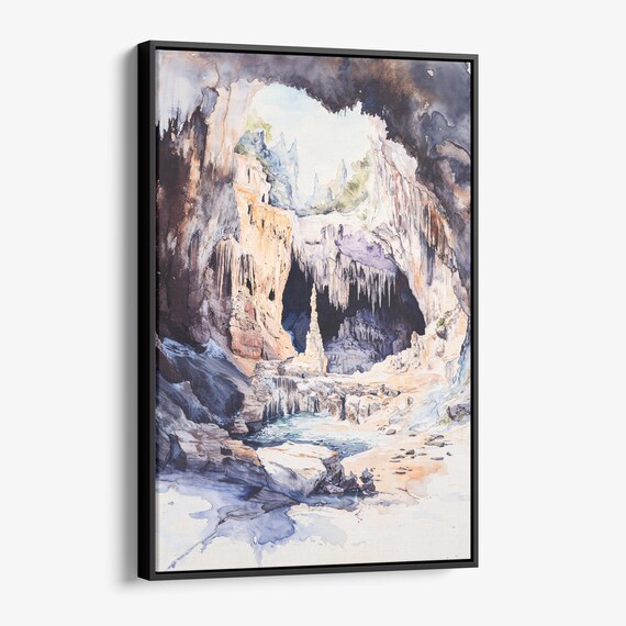 Limestone Cave Interior Stalactites Watercolor Nature Art Poster