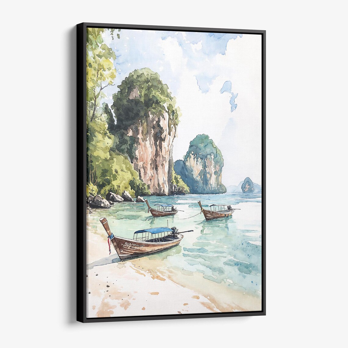 Tropical Bay Longtail Boats Watercolor Travel Scene Coastal Poster