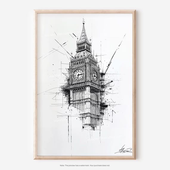 Big Ben Wall Art Pencil Drawing For Instant Home Decor