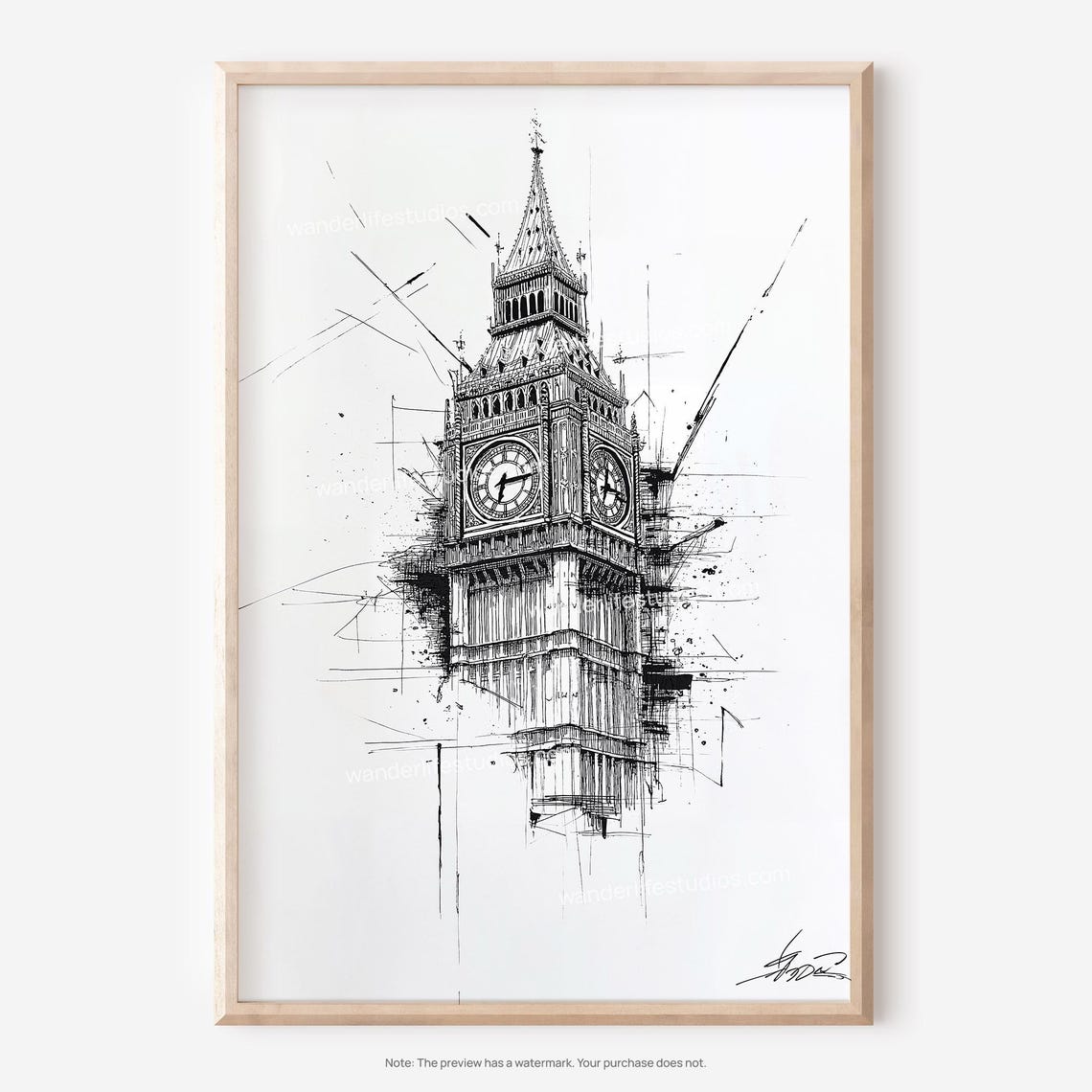 Big Ben London Elizabeth Tower Ink Sketch Splatter Drawing Poster