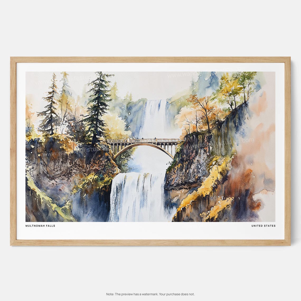 Multnomah Falls Watercolor Arched Bridge Waterfall Landscape Poster