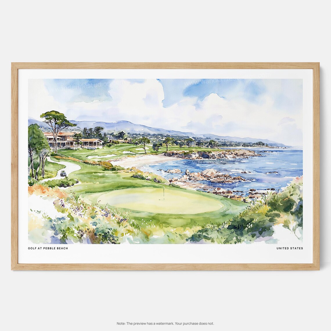 Golf At Pebble Beach Watercolor Art Print, Coastal Landscape