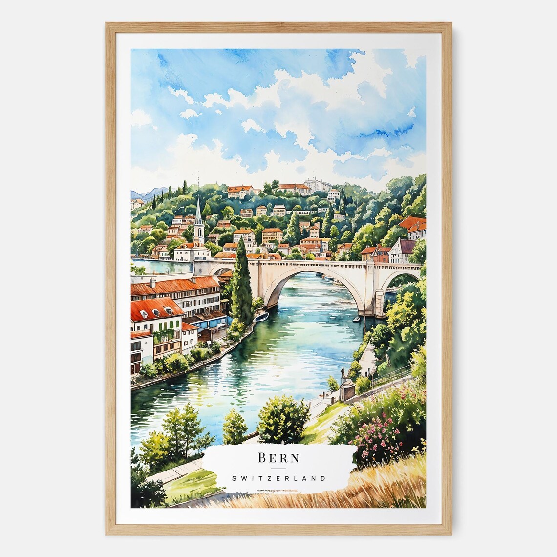 Bern Switzerland Old Town River Bridge Watercolor Travel Poster
