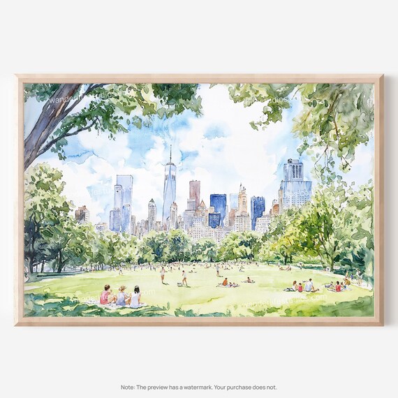 Central Park Picnic Scene with Manhattan Skyline Watercolor Art Poster