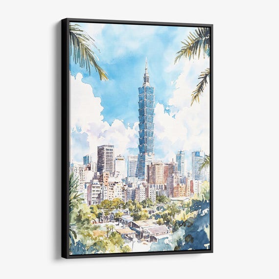 Taipei City Canvas Print Colorful Watercolor Skyline Wall Art