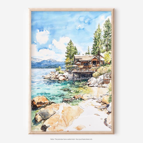 Lake Tahoe Watercolor Wall Art Cabin For Instant Home Decor