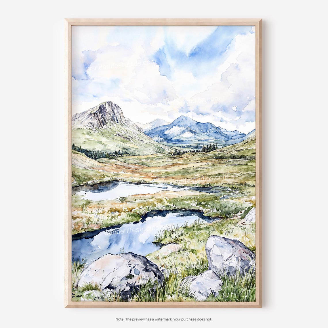Scottish Highlands Mountain Lochan Watercolor Landscape Poster