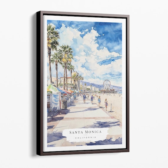 Santa Monica California Pier Boardwalk Watercolor Travel Poster