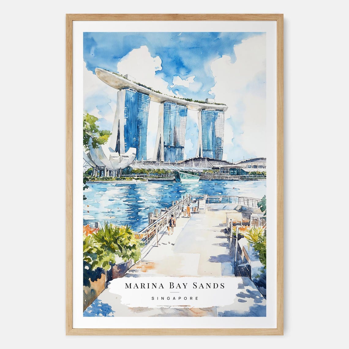 Marina Bay Sands Singapore Skyline Bright Blue Watercolor Poster