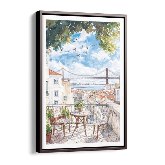 Lisbon Balcony Canvas Print Watercolor Art Of Morning Coffee Scene