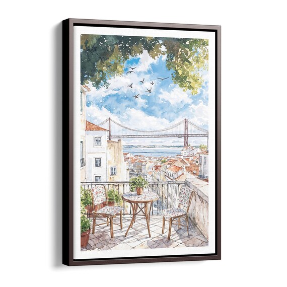 Lisbon Balcony Terrace Coffee Tagus River Bridge View Poster