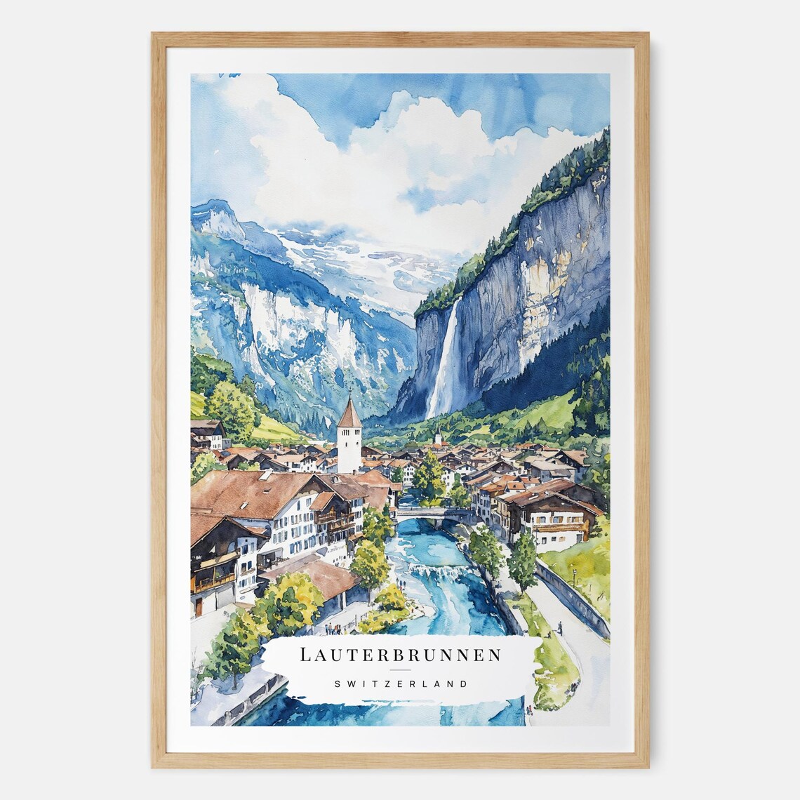 Lauterbrunnen Switzerland Waterfall Village Alpine Travel Poster
