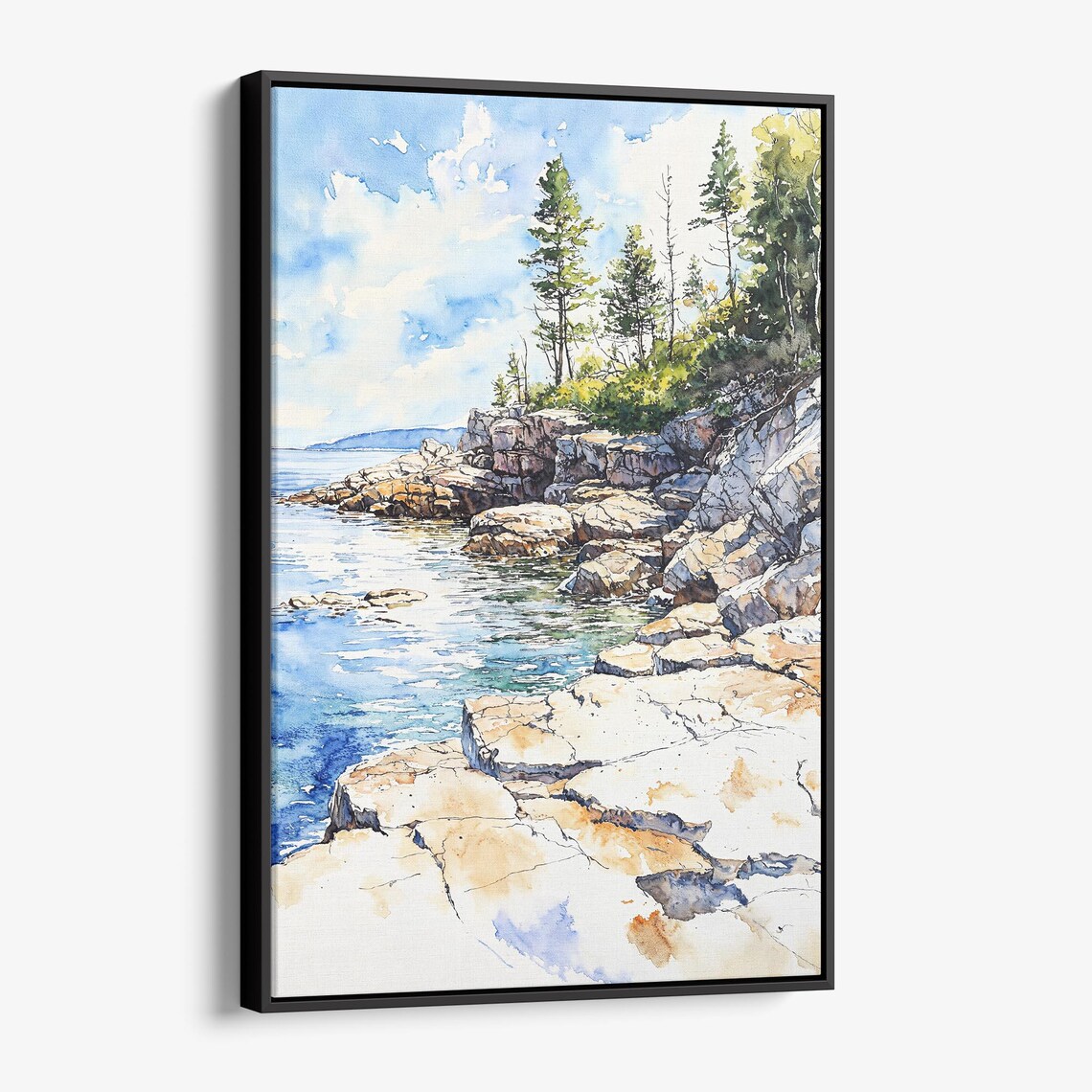 Rocky Seaside Coast Pines Watercolor Ocean Landscape Art Poster