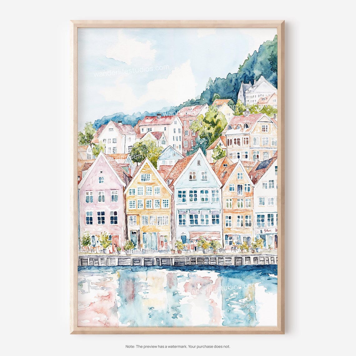 Bergen Old Bryggen Wharf Norway Watercolor Harbor Houses Poster