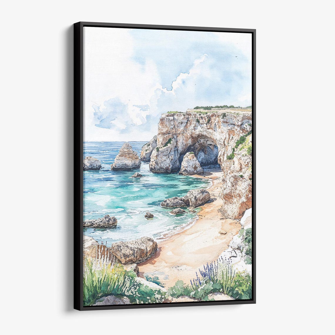 Algarve Portugal Rocky Cliffs Turquoise Cove Beach Watercolor Poster
