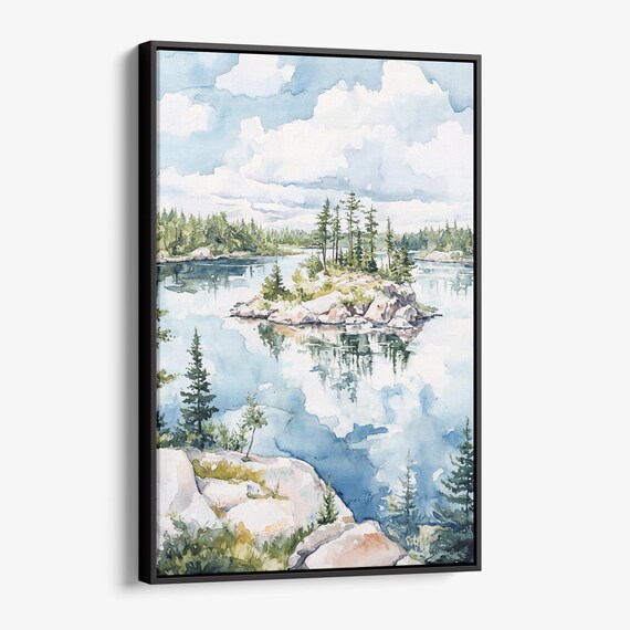 Pine Island Mirror Lake Calm Water Reflection Watercolor Art Poster