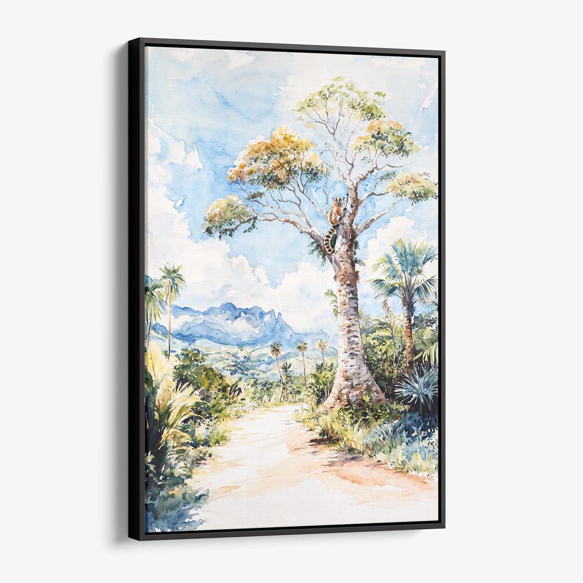 Ring Tailed Lemur Baobab Tree Tropical Watercolor Jungle Poster