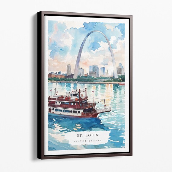 St Louis Gateway Arch and Riverboat Watercolor Cityscape Poster