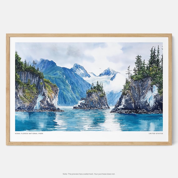 Kenai Fjords National Park Alaska Glaciers Islands Watercolor Poster