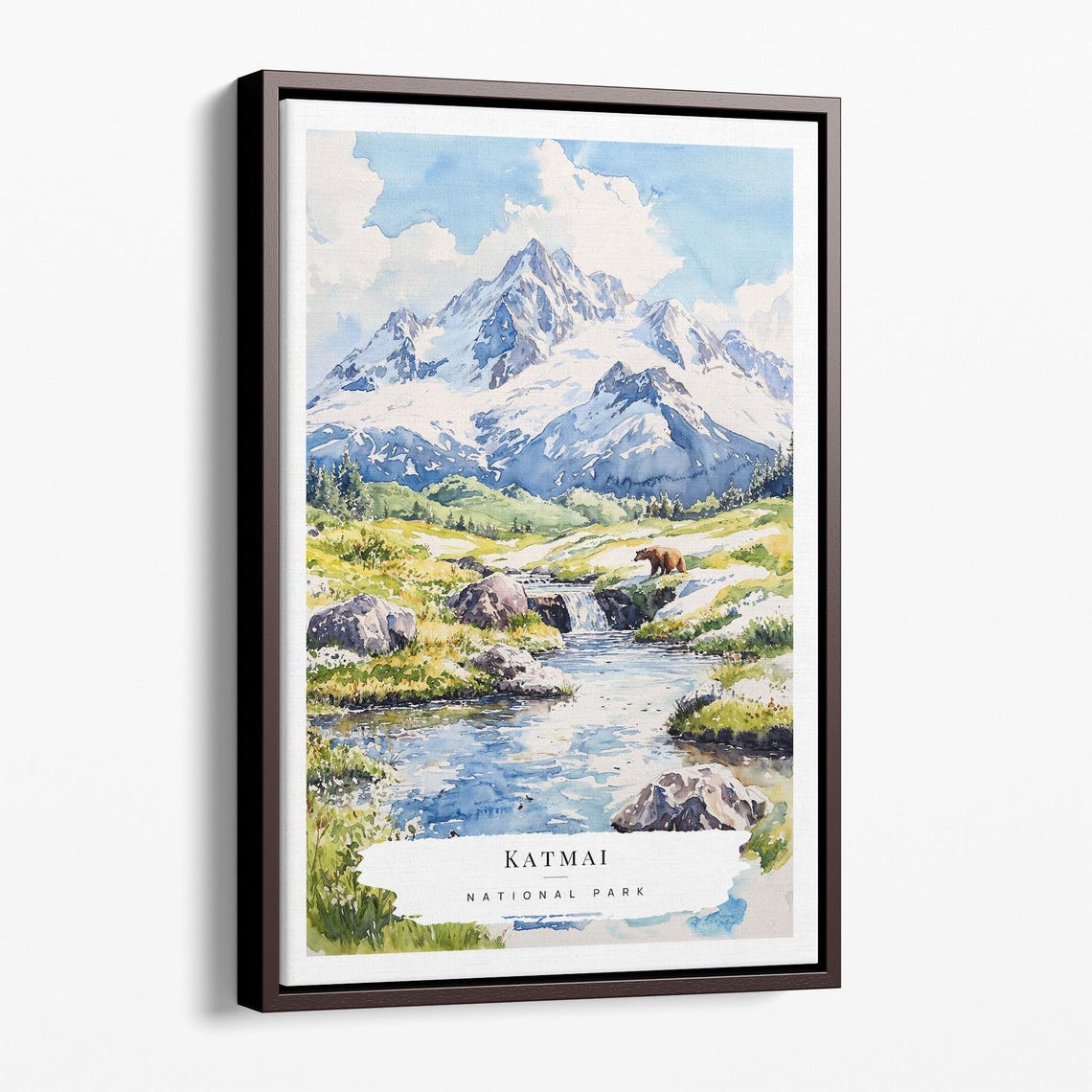 Katmai National Park Brown Bear Stream Mountain Watercolor Poster