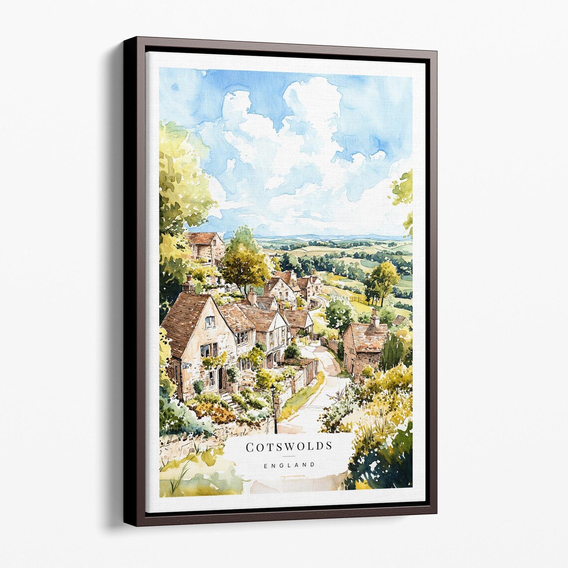 Cotswolds England Watercolor Stone Village Landscape Travel Poster