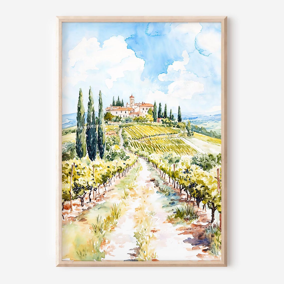Sunny Tuscany Italy Vineyard Cypress Villa Hill Watercolor Poster