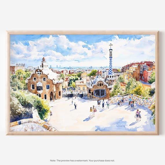 Park Guell Wall Art Colorful Watercolor Of Spains Landmark