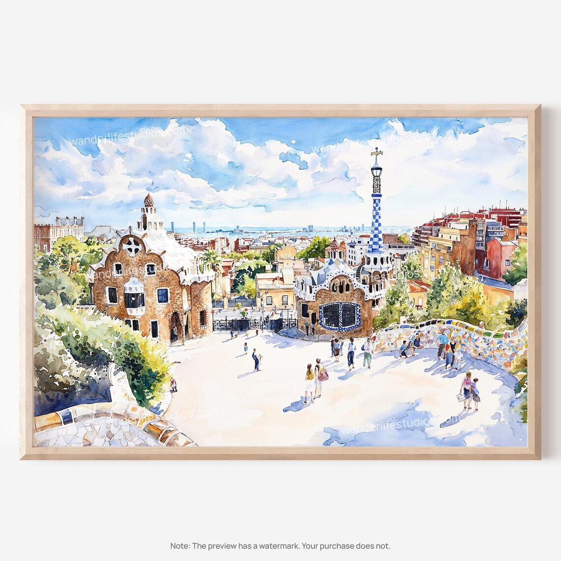 Park Guell Barcelona Gaudi Mosaic Watercolor Travel Art Poster