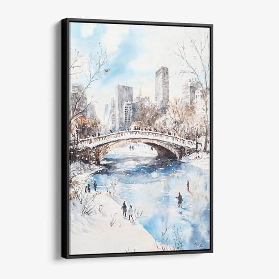 Central Park Winter Bow Bridge Ice Skating Snow Watercolor Poster