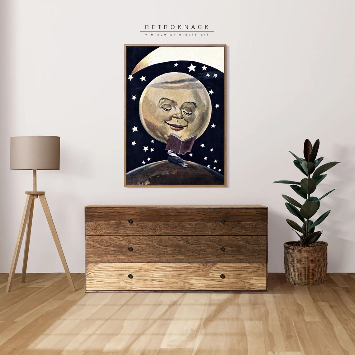 Smiling Full Moon Reading Book Over Earth Starry Night Nursery Print - Image 3