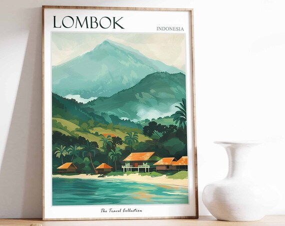 Lombok Indonesia Green Mountain Beach Huts Tropical Travel Poster