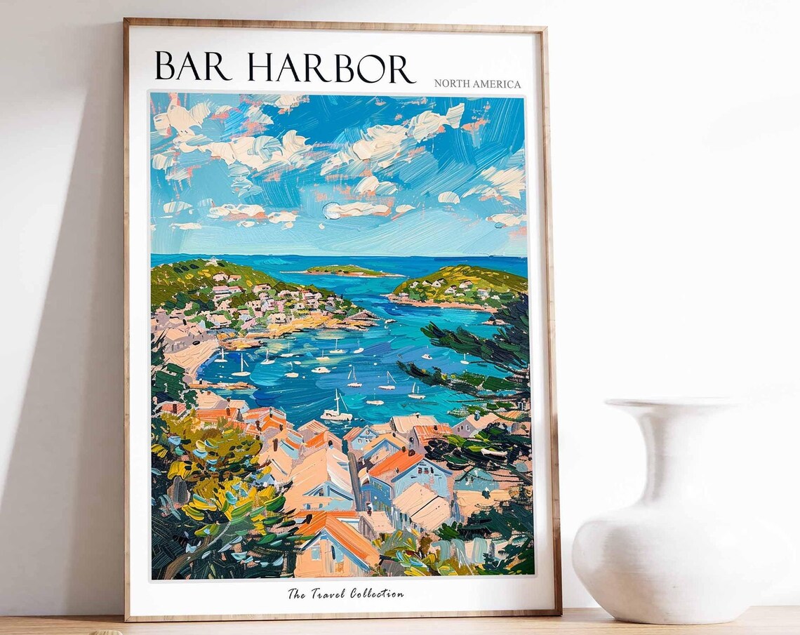 Bar Harbor Maine Coastal Travel Art Sailboat Bay Village Poster