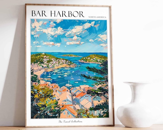Bar Harbor Maine Coastal Travel Art Sailboat Bay Village Poster