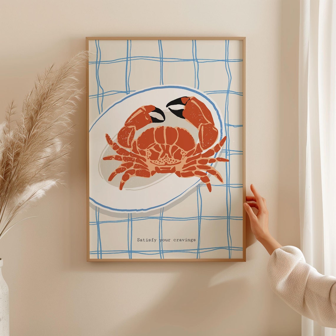 Satisfy Your Cravings Red Crab Plate Coastal Kitchen Art Poster