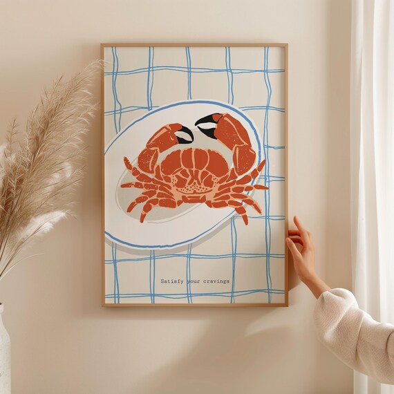Coastal Crab Kitchen Art Nautical Wall Decor Beach House Poster Crab Painting Foodie Gift Kitchen Wall Art Crab Print