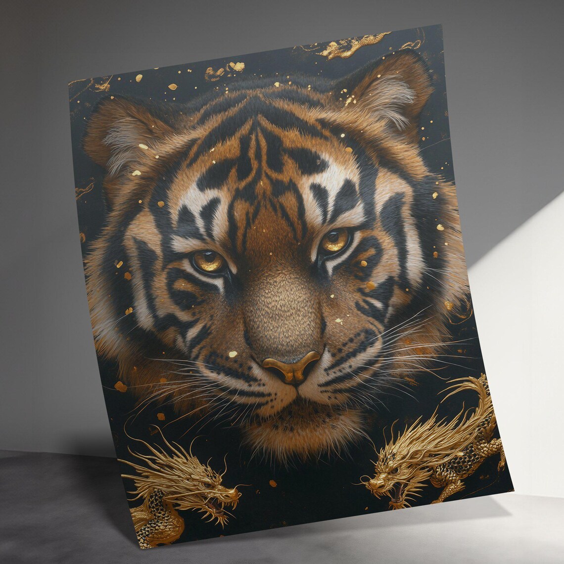 Majestic Tiger Face Gold Dragons Black Background Fierce Wildlife Poster - Image 3