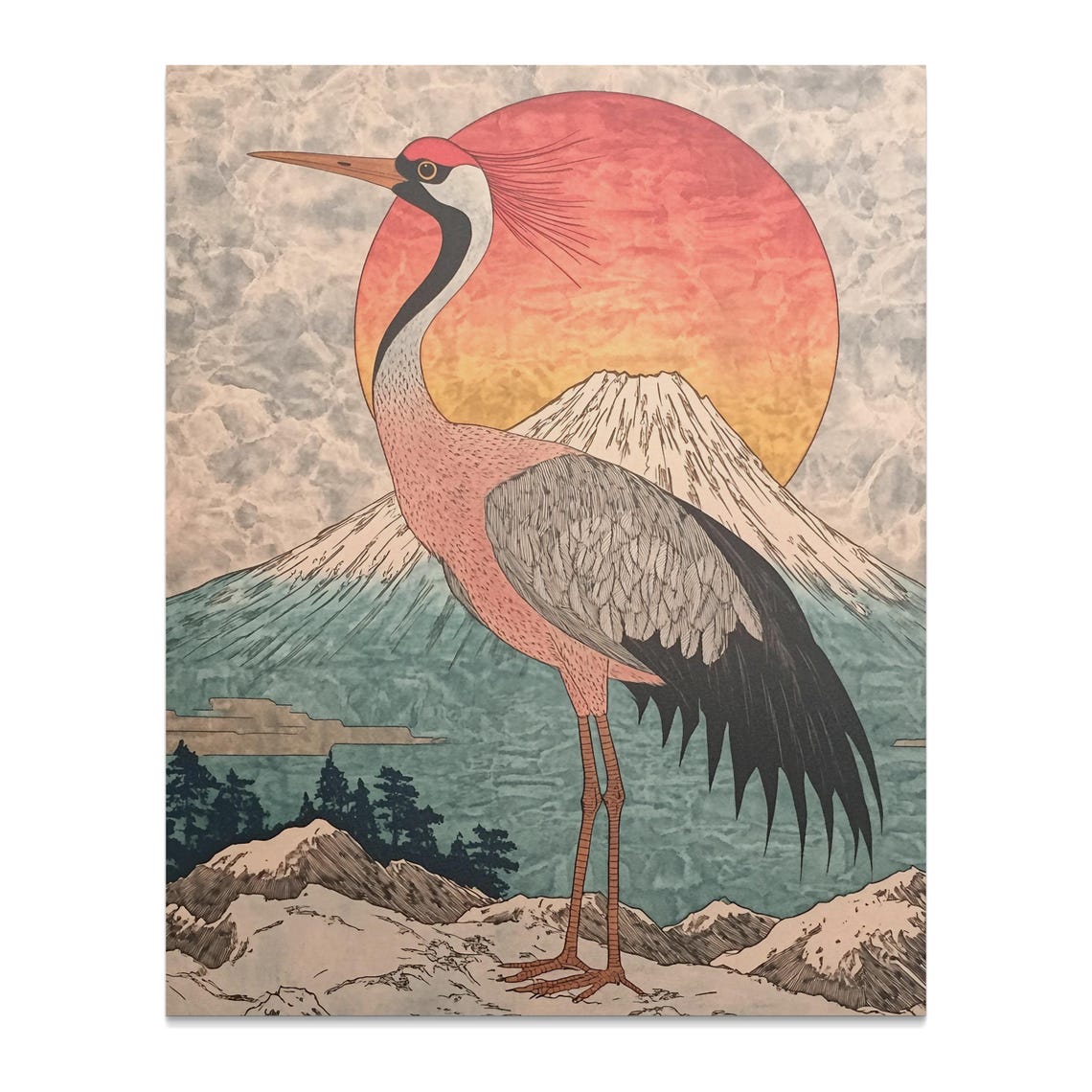 Red Crowned Crane Red Sun Mount Fuji Ukiyo-e Vintage Bird Poster - Image 2