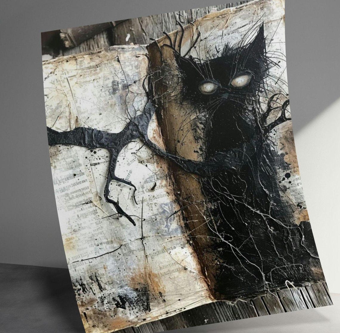 Creepy Black Cat on Aged Book Pages Gothic Mixed Media Art Print