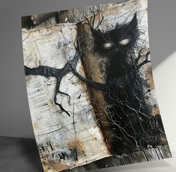 Creepy Black Cat on Aged Book Pages Gothic Mixed Media Art Print