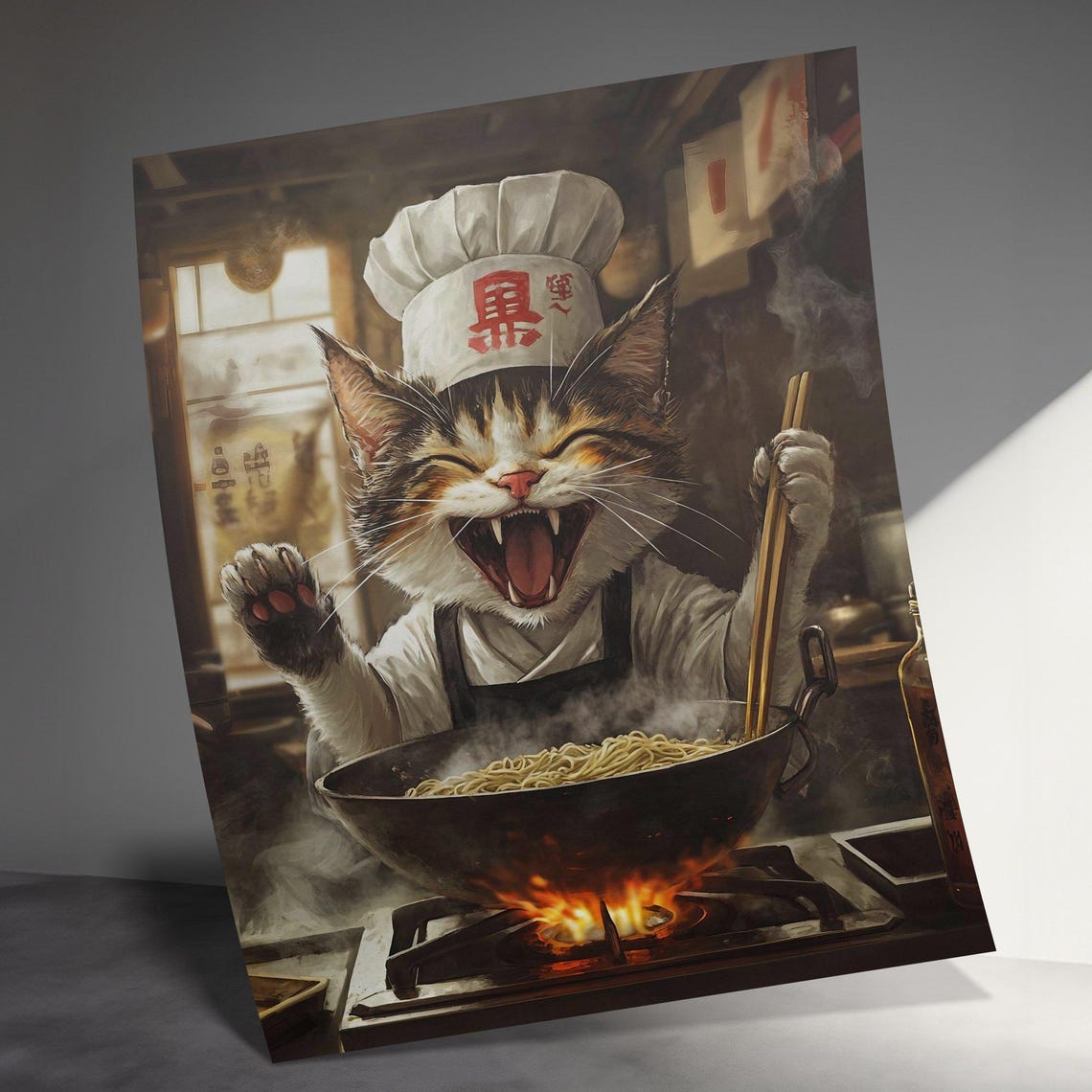 Smiling Chef Cat Stirring Wok Noodles Over Flame Kitchen Art Poster - Image 3