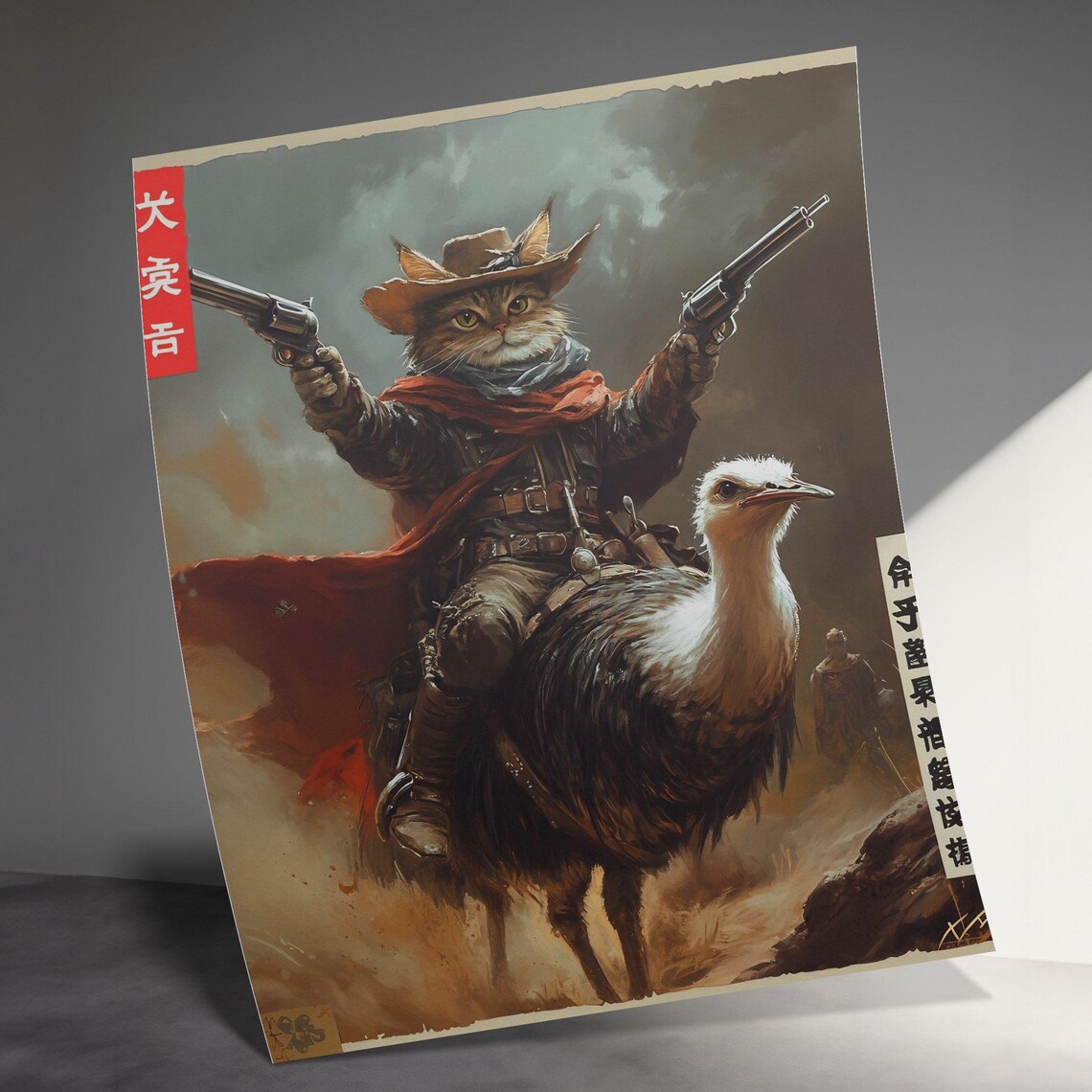 Cowboy Cat With Dual Pistols Riding Ostrich Western Fantasy Poster - Image 3