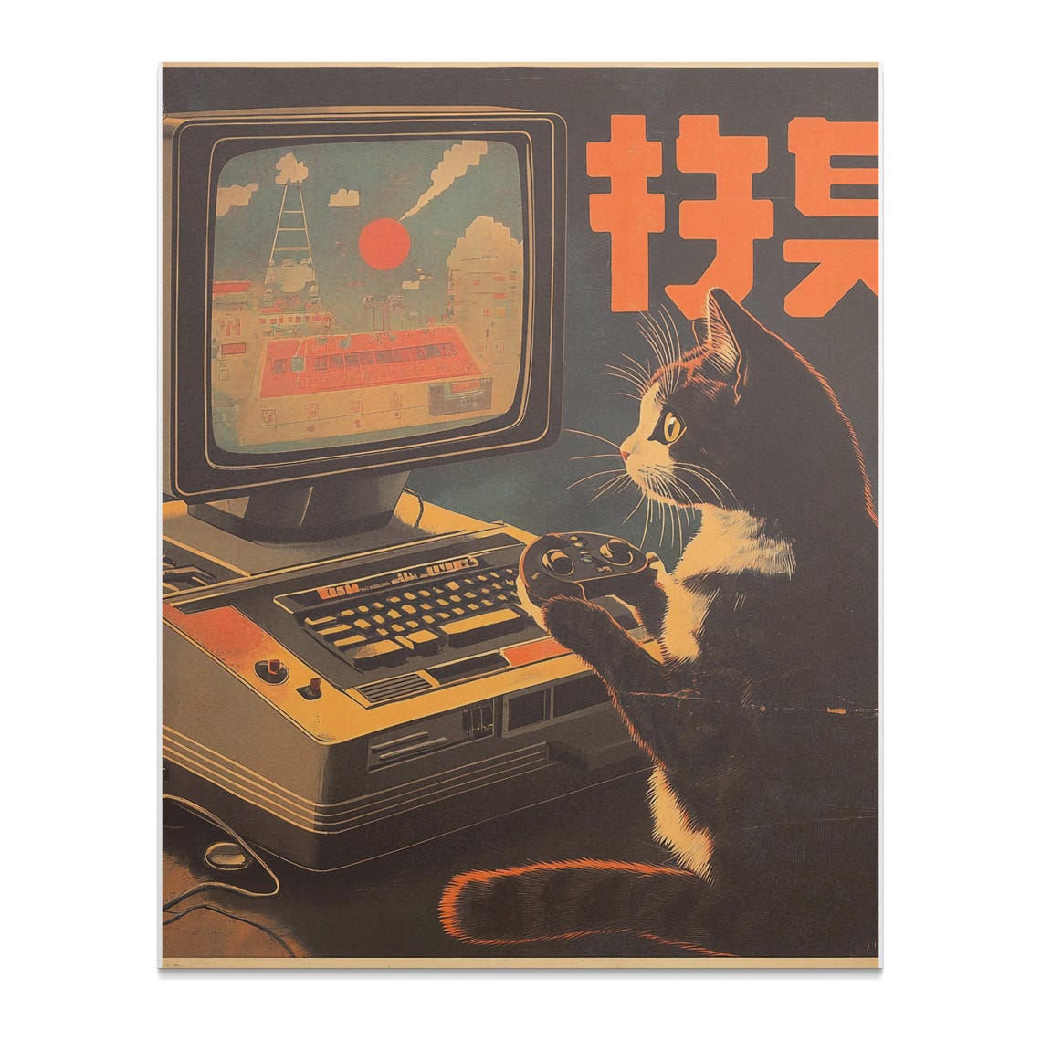 Tuxedo Cat Gaming Retro CRT Computer Vintage Japanese Style Poster - Image 2
