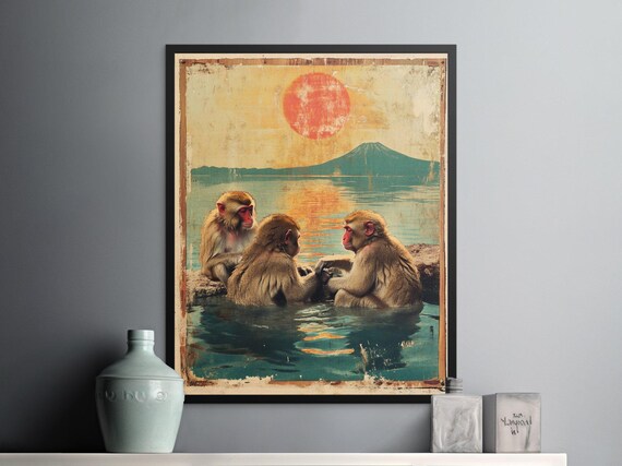 Snow Monkeys Holding Hands Hot Spring Mount Fuji Retro Art Poster