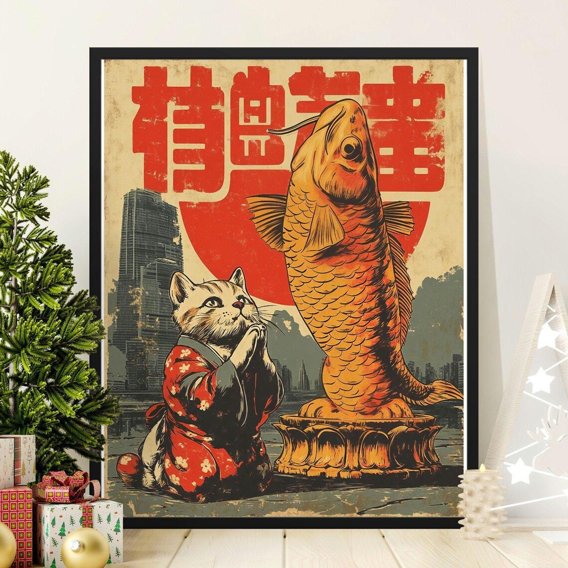 Vintage Cat Kimono Giant Koi Statue Japanese Retro Woodblock Poster