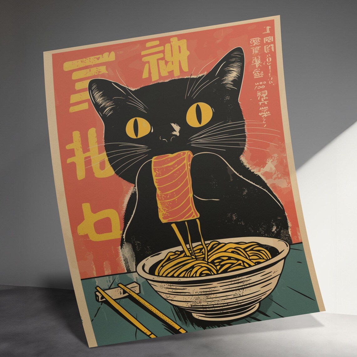 Retro Black Cat Eating Salmon Ramen Bold Vintage Japanese Noodle Poster - Image 3